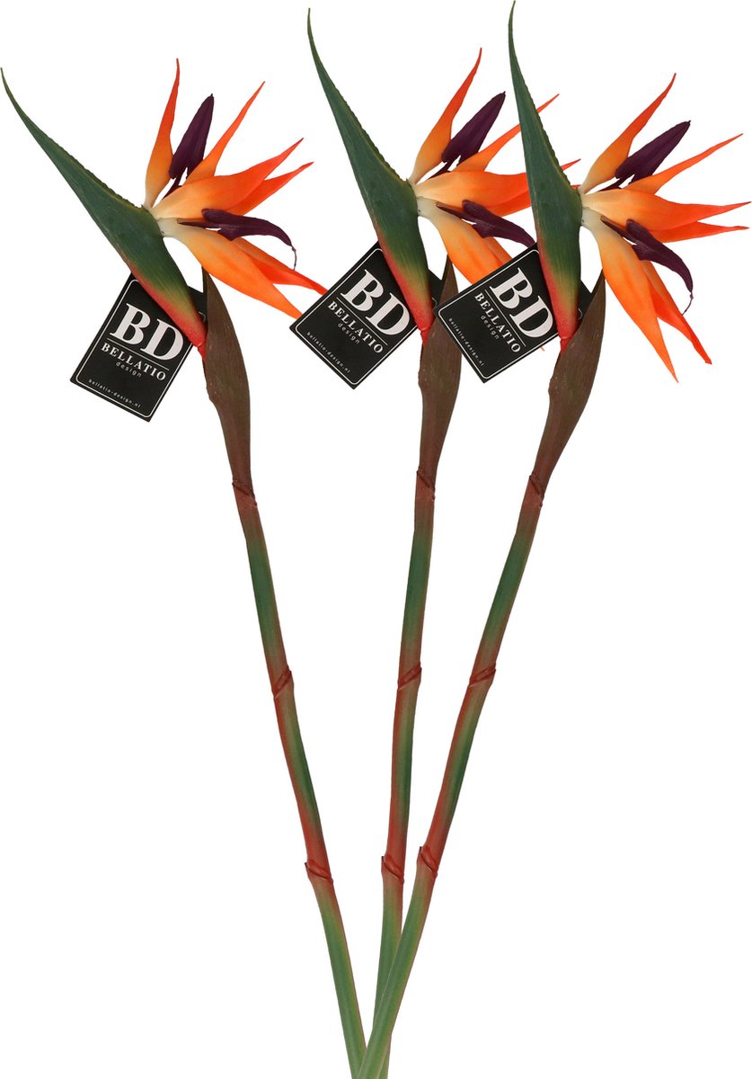 Bellatio Design Kunstbloem Strelitzia - 3x - 84 cm - losse steel - kunst zijdebloem - Paradijsvogelplant Oranje