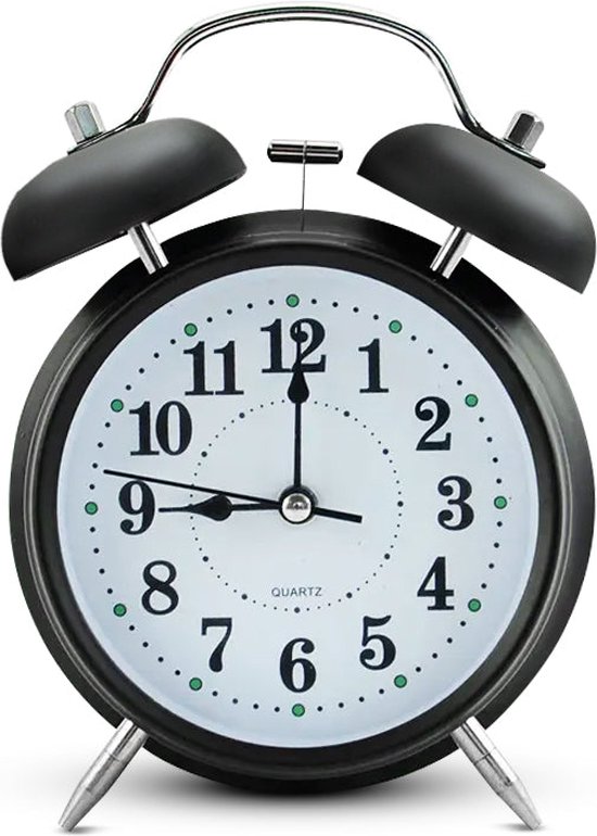 Zwarte wekker met dubbele bel en witte wijzerplaat. De tijd is 09:09.