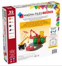 Doos van Magna-Tiles Builder 32-delige set. Toont een constructie met hijskranen, wegen, bakstenen en transparante blokken in rood, geel en groen.