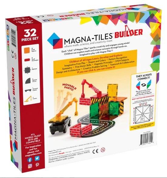 Doos van Magna-Tiles Builder 32-delige set. Toont een constructie met hijskranen, wegen, bakstenen en transparante blokken in rood, geel en groen.