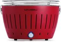 Rode LotusGrill barbecue met zilveren grillrooster en details.