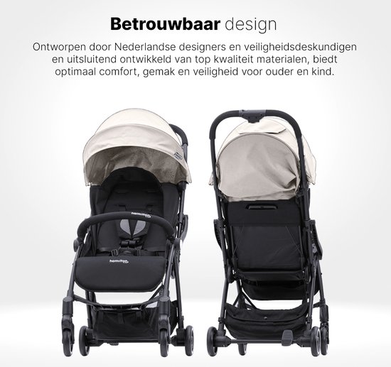 Zwarte buggy met beige kap, van voren en van achteren.