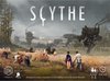 Illustratie van het bordspel "Scythe" met boeren die oogsten en mechanische machines op de achtergrond.