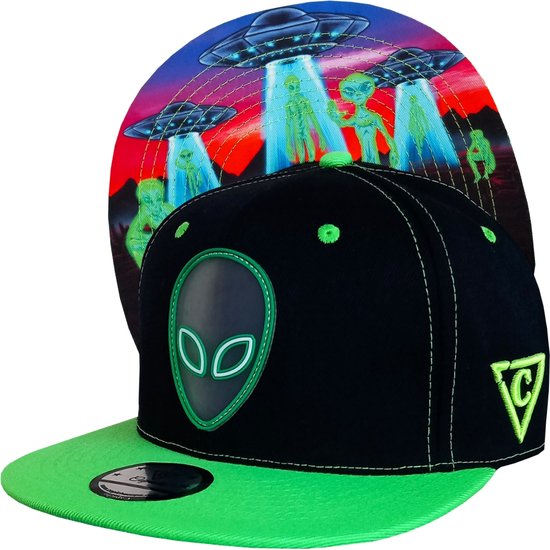 Capiche® Snapback Pet Heren – Alien Invasie – Zwart, Neon Groen & Rubber Logo – Alien Collectie – Verstelbaar met Druksluiting – Sportcap – Alien Invasion – Capiche Caps