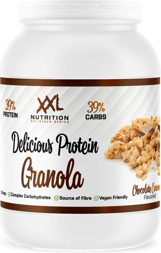 Witte pot met Delicious Protein Granola in Chocolade Caramel smaak. 39% eiwit, 39% koolhydraten. Krokante muesli met stukjes chocolade.