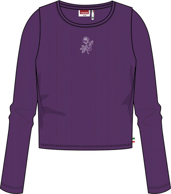 Paars geribbelde Vingino top met lange mouwen, ronde hals en een subtiele witte roos-illustratie op de borst.