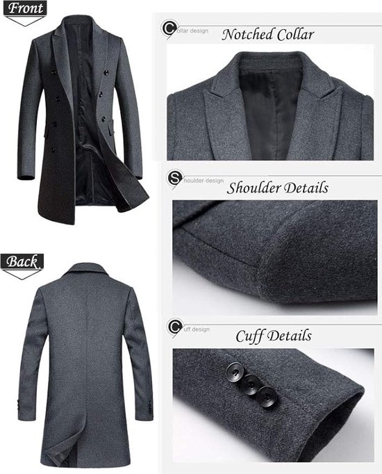 Lange Wollen Jas - Heren - Klassiek Design met Fleecevoering - Winterbescherming