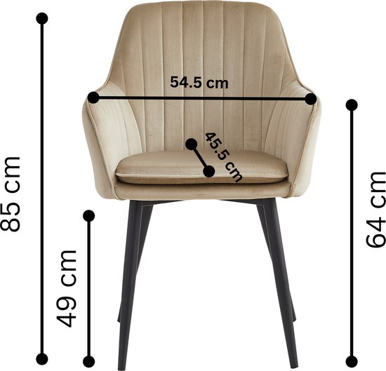 Chaise de salle à manger en velours beige avec accoudoirs, côtes verticales et pieds noirs. Dimensions : 85 cm de hauteur, 54,5 cm de largeur, 64 cm de hauteur d'assise.