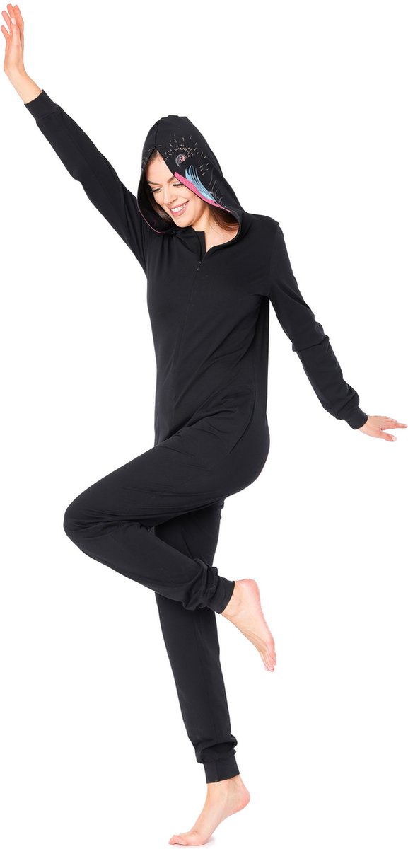 Ladeheid Dames Overal slapen Pyjama - met Capuchon - Lange mouwen - Lange broek - Katoen - LA-LA40-234-PJ - Zwarte Pavian