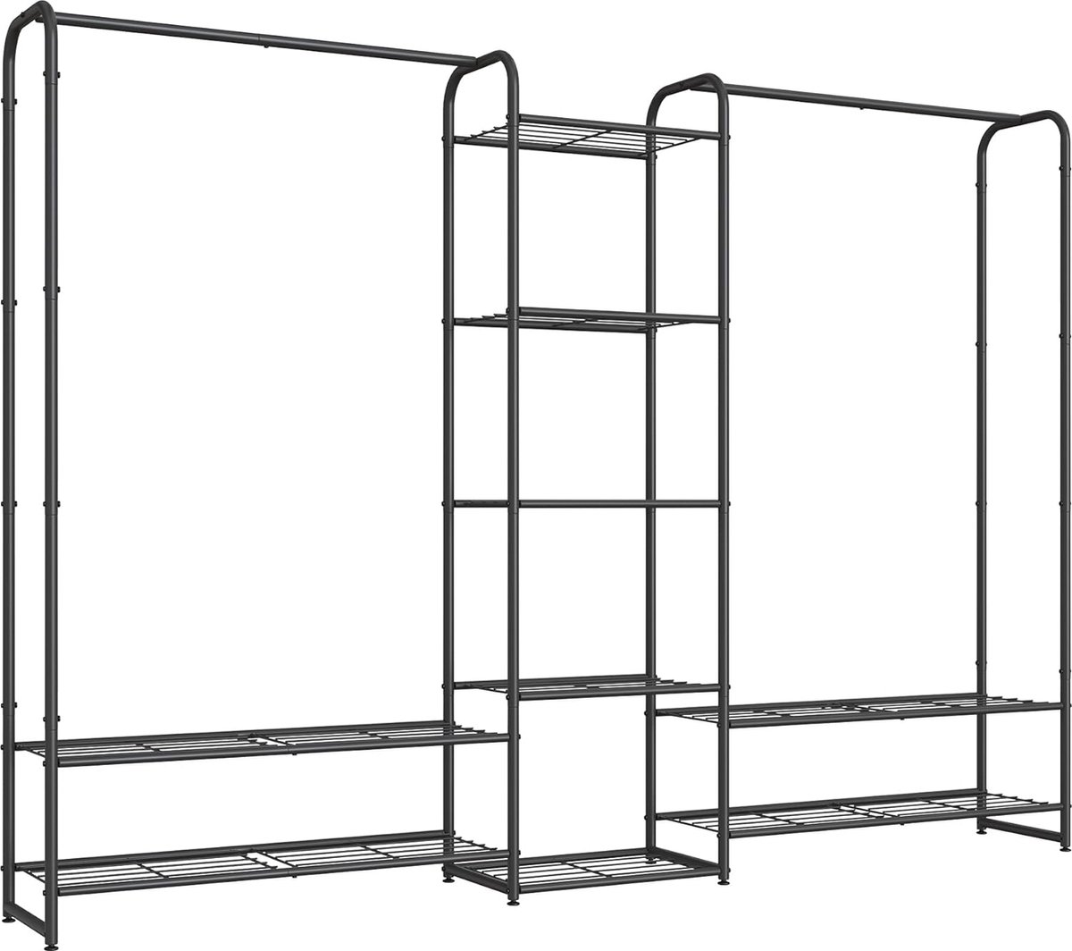 FurnStar - Kledingrek - Open kledingkast - Kledingstang - Kapstok met planken -Garderobe van metaal - Vrijstaand - 29 x 183 x 158,4 cm - Matzwart