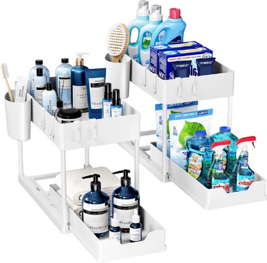 Opbergrek Voor Onder De Gootsteen - Keukenopberger 2 Niveaus Met Uitschuiflade Multifunctioneel Opbergrek Voor Badkamer Aanrecht Wasruimte Zwart