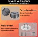 Set van 4 x 5kg gewichtsschijven en een plafondhaak met karabijnhaak en pluggen.