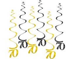 Q2Party - 70 Jaar Swirl - Slinger - Leeftijd - Versiering - Verjaardag - decoratie - Feest - Hangdecoratie - Goud/Zwart – 6 stuks