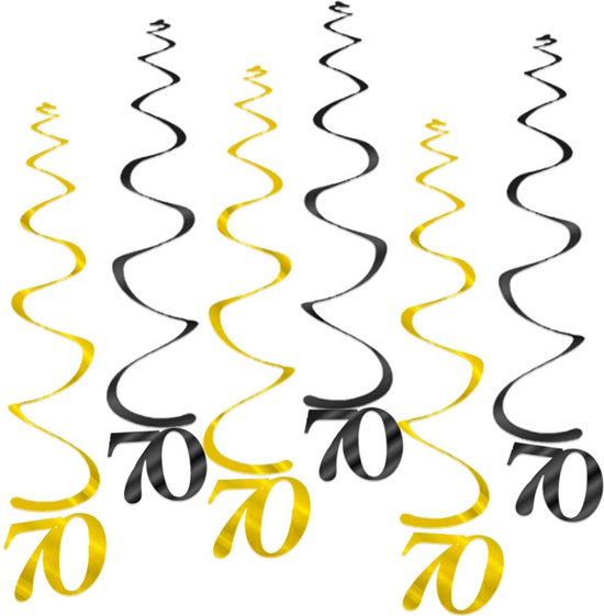 Q2Party - 70 Jaar Swirl - Slinger - Leeftijd - Versiering - Verjaardag - decoratie - Feest - Hangdecoratie - Goud/Zwart – 6 stuks