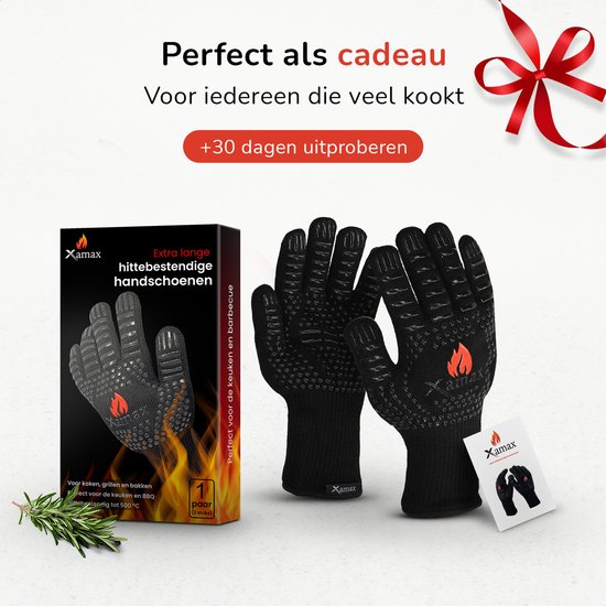 Zwarte, hittebestendige handschoenen van Xamax met rode vlam-logo, verpakt in een doos en los.