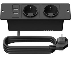 StayPowered Inbouw Stekkerdoos - Slim en Praktisch voor Elke Werkruimte - 2 Stopcontacten - 2 USB-Poorten - 3680W Vermogen - 2m Kabel - Eenvoudige Installatie - Ideaal voor Meubels - Zwart - Levering Sneller dan Aangegeven!
