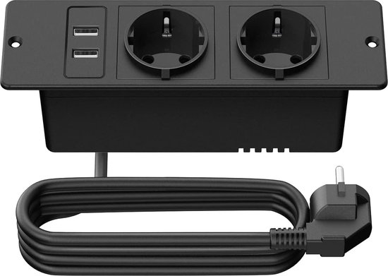StayPowered Inbouw Stekkerdoos - Slim en Praktisch voor Elke Werkruimte - 2 Stopcontacten - 2 USB-Poorten - 3680W Vermogen - 2m Kabel - Eenvoudige Installatie - Ideaal voor Meubels - Zwart - Levering Sneller dan Aangegeven!