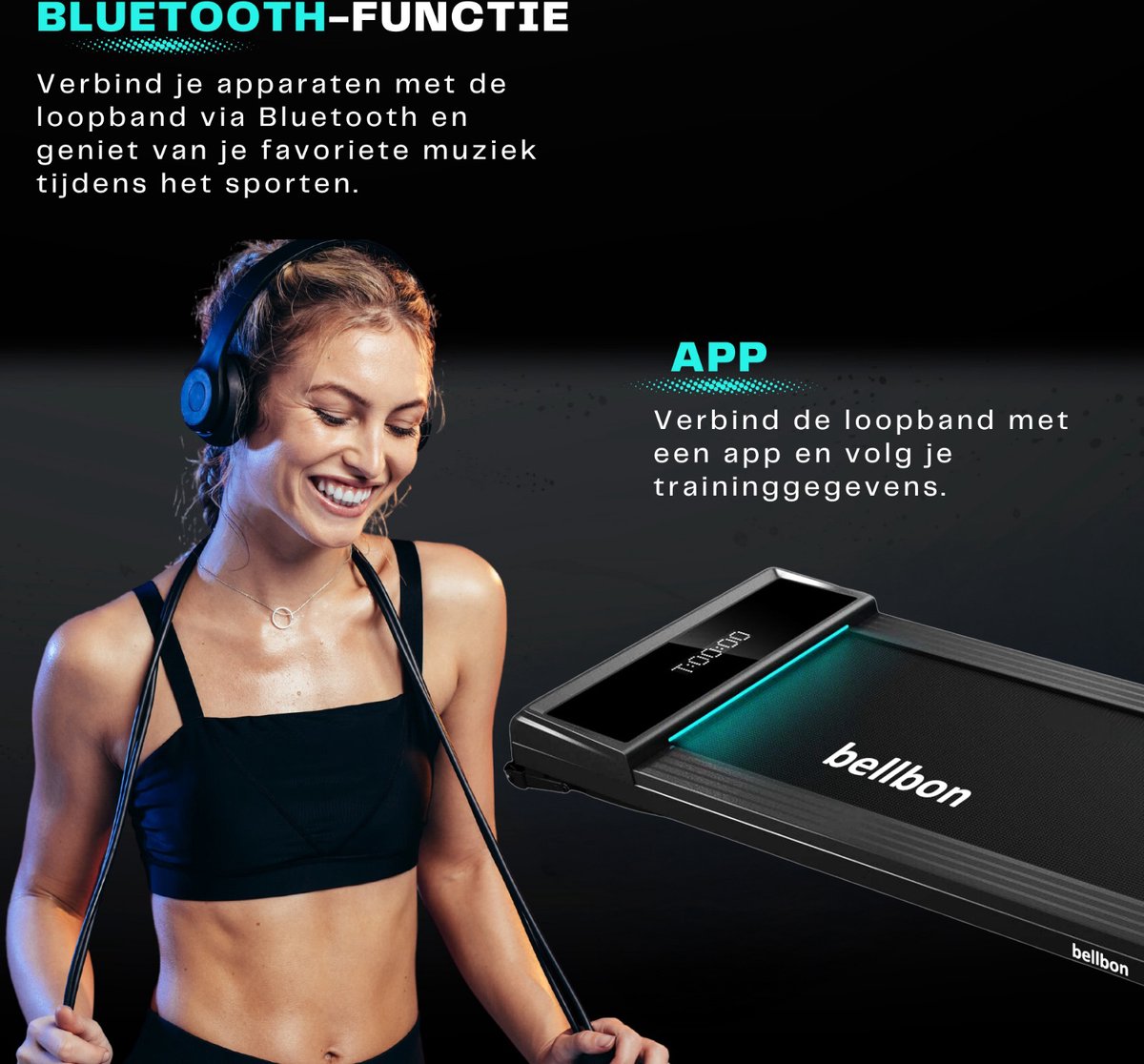 Afbeelding 3 van Bellbon Loopband 1-6 km/h - Walking Pad voor thuiswerken - Wandelband elektrisch inklapbaar - Treadmill -zwart