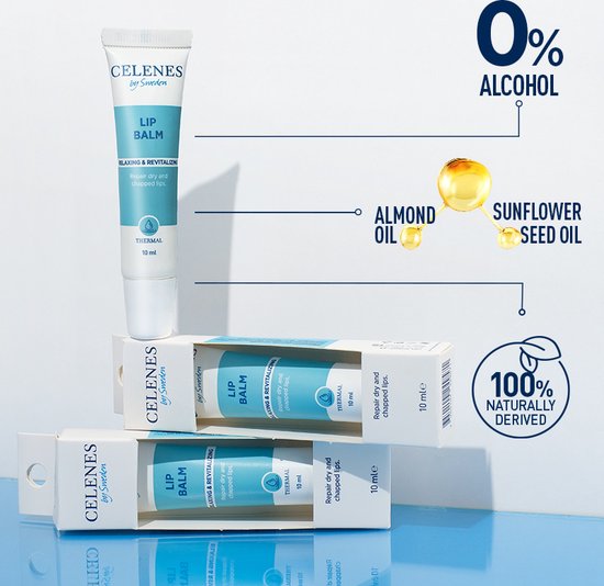 Verpakkingen van Celenes by Sweden Lip Balm, 10 ml, met tekst die 0% alcohol, amandelolie, zonnebloemzaadolie en 100% natuurlijk afgeleide ingrediënten aangeeft.
