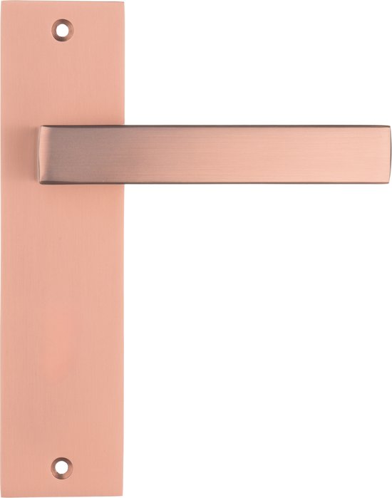 Mat koperen deurklink op een langwerpig schild.