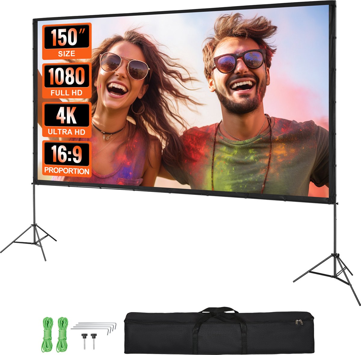VEVOR Projectieprojectiescherm met Standaard 150 Inch HD 4K Outdoor Indoor Projectiescherm Snel Opvouwbaar Draagbaar Filmscherm 16:9 voor Thuisbioscoop, Camping en Vrijetijdsevenementen Zwart