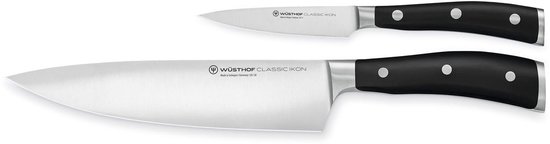Tweedelige messenset van Wüsthof Classic Ikon met zwarte handgrepen en roestvrijstalen lemmeten.