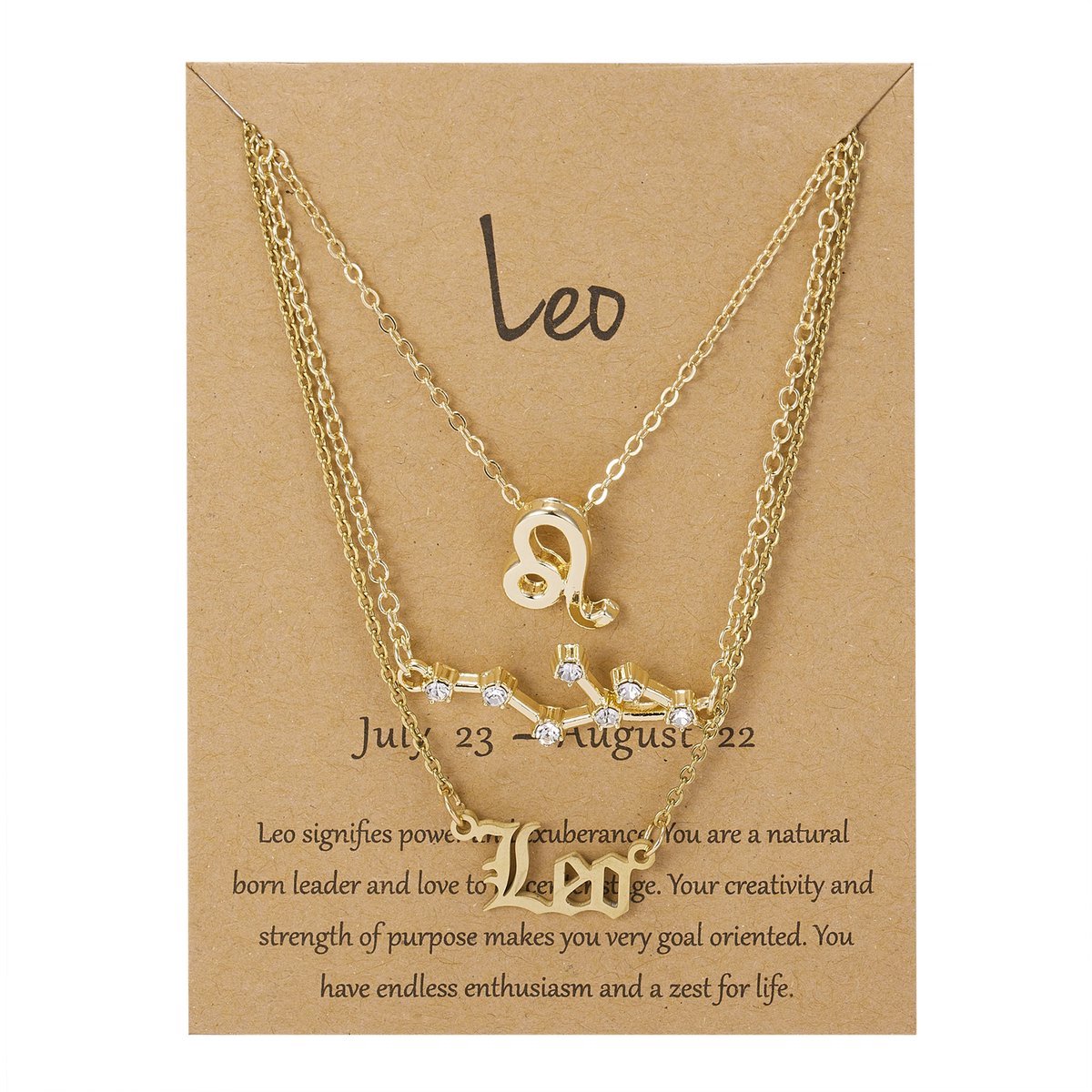 Bixorp Stars Set van 3 Leeuw / Leo Kettingen - Goudkleurige Ketting op Cadeau Kaartje - Sterrenbeeld / Zodiac Sieraden Set