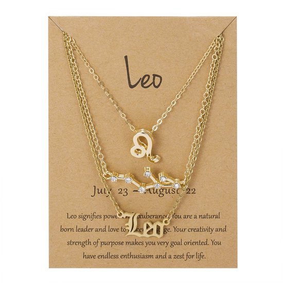 Bixorp Stars Set de 3 Colliers Lion/Léo – Collier doré sur carte cadeau – Set de Bijoux Constellation/ Zodiac