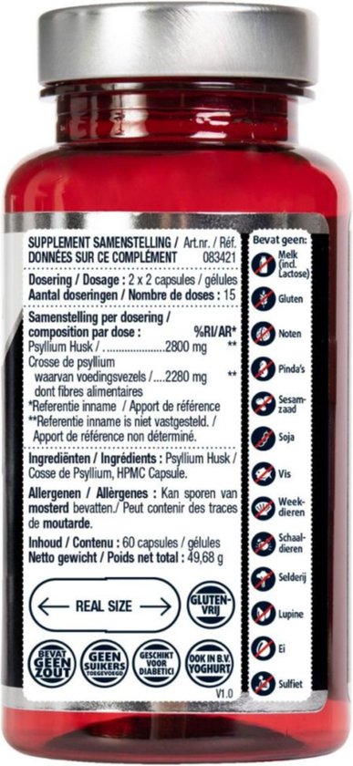 Achterkant van een Lucovitaal Psyllium Husk Vezels pot met ingrediënten en gebruiksinformatie.