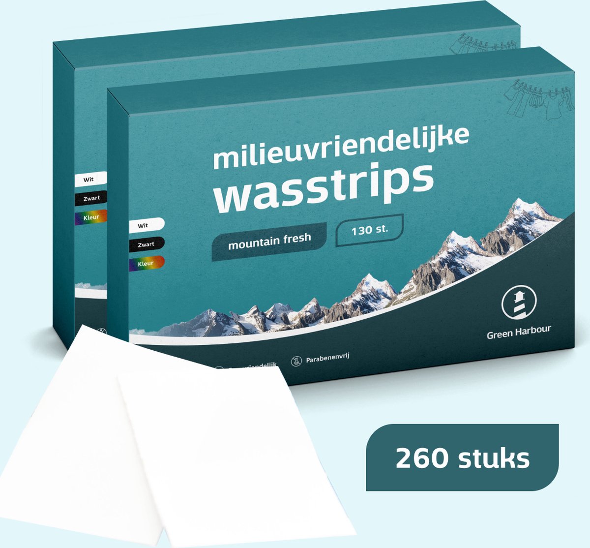 Goedkoopste GreenHarbour 4-in-1 Wasstrips - Misty Mountains - Wasmiddeldoekjes - Wasmiddel - Incl. Wasverzachter - 260 Stuks