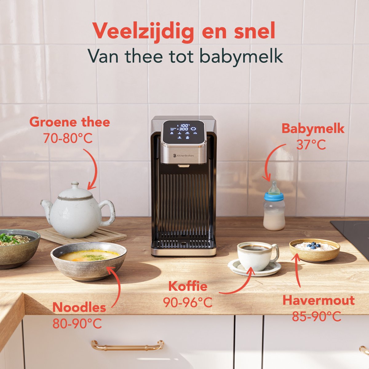 KitchenBrothers Heetwaterdispenser - 2.7L - Instant Waterkoker - BPA en PFAS Vrij - 8 standen van 100 t/m 400 ml - Melkfunctie - 40-100°C - Heetwatertap – RVS – foto 4