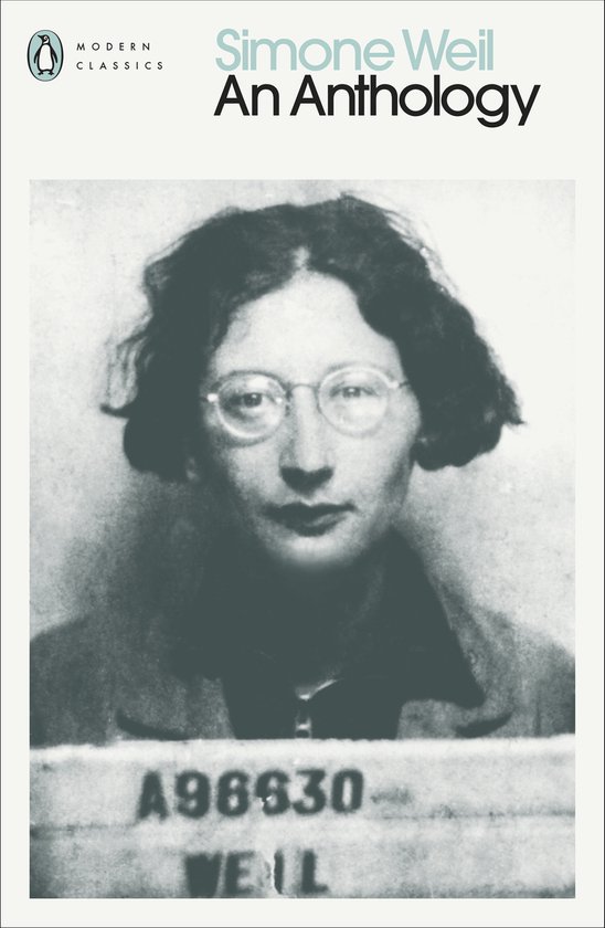 Couverture du livre "Simone Weil: An Anthology" avec une photo noir et blanc d'une femme portant des lunettes et le texte "A96630 WEIL".