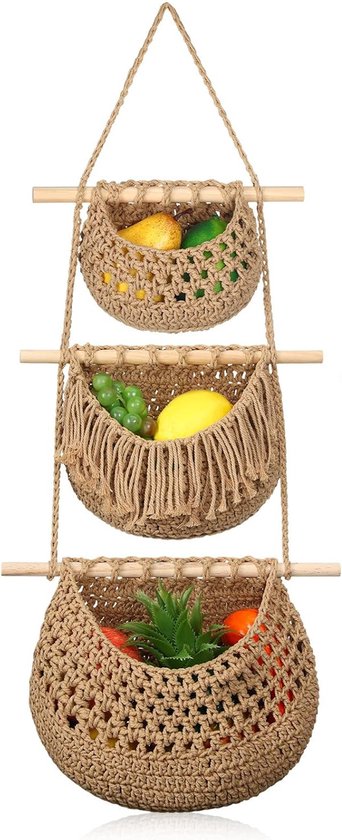 Macramé 3-Laags Hangende Fruitmand - Bohemian Mand Plantenhanger - Handgemaakt Katoen Touw Fruitschaal Hangmand - Boho Ophangbaar Etagere - Decoratieve Fruit Schaal/Basket - Opbergmand organizer - Keuken/Balkon Decoratie - Hangpot voor Binnen/Buiten
