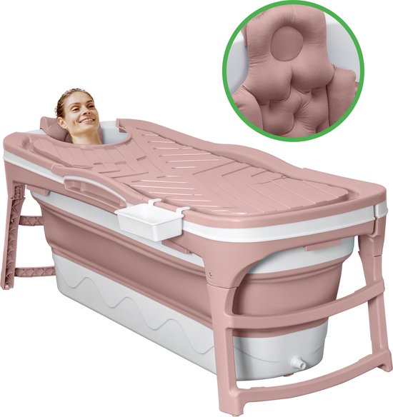 LIFEBATH Badkuip - Opvouwbaar Zitbad - inklapbaar bad 143cm lang Dompelbad - Opvouwbaar bad IJsbad - Zitbad voor volwassenen- Ligbad - Bath Bucket - 200L Opvouwbare baden + Luxe kussen - Roze