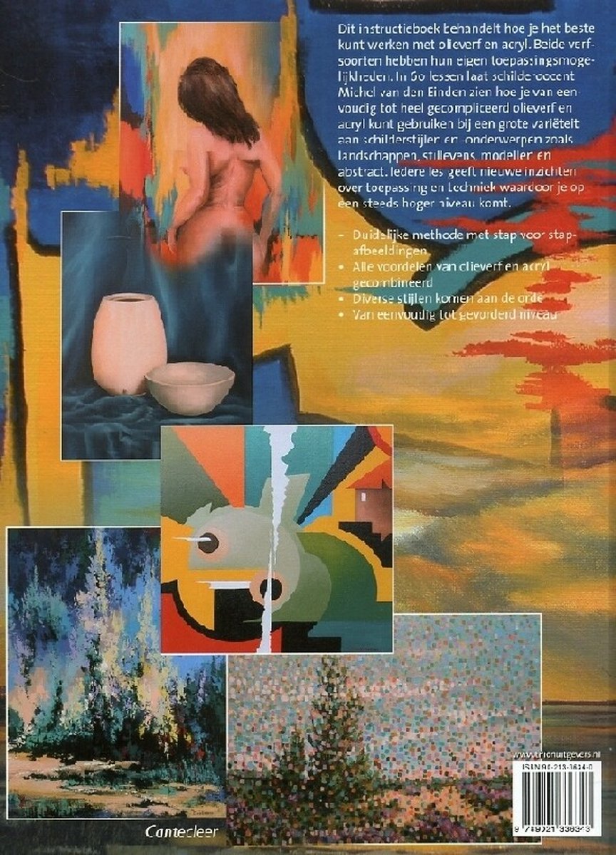 Boekcover met rugtekst. Afbeeldingen van naaktmodel, vazen, abstracte kunst en landschappen.
