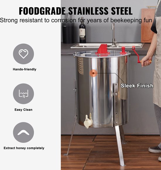 FIBILA Handmatige Honing Extractor - Honingslinger - Honing Centrifuge - Honing Voor Bijenteelt - Roestvrij Staal - Efficiënt Ontwerp - RVS — afbeelding 2