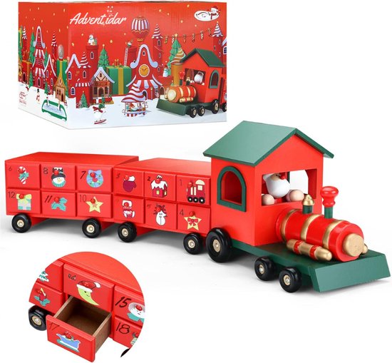 Adventskalender om te Vullen 24 Ladecompartimenten met Deurtjes Kerstboom Houten Trein om te Maken en Tentoon te Stellen DIY Decoratie voor Kinderen