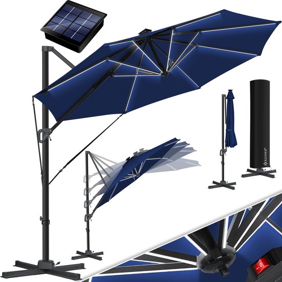 Donkerblauwe zweefparasol, open en gesloten, met zonnepaneel, beschermhoes en opzetstukken.