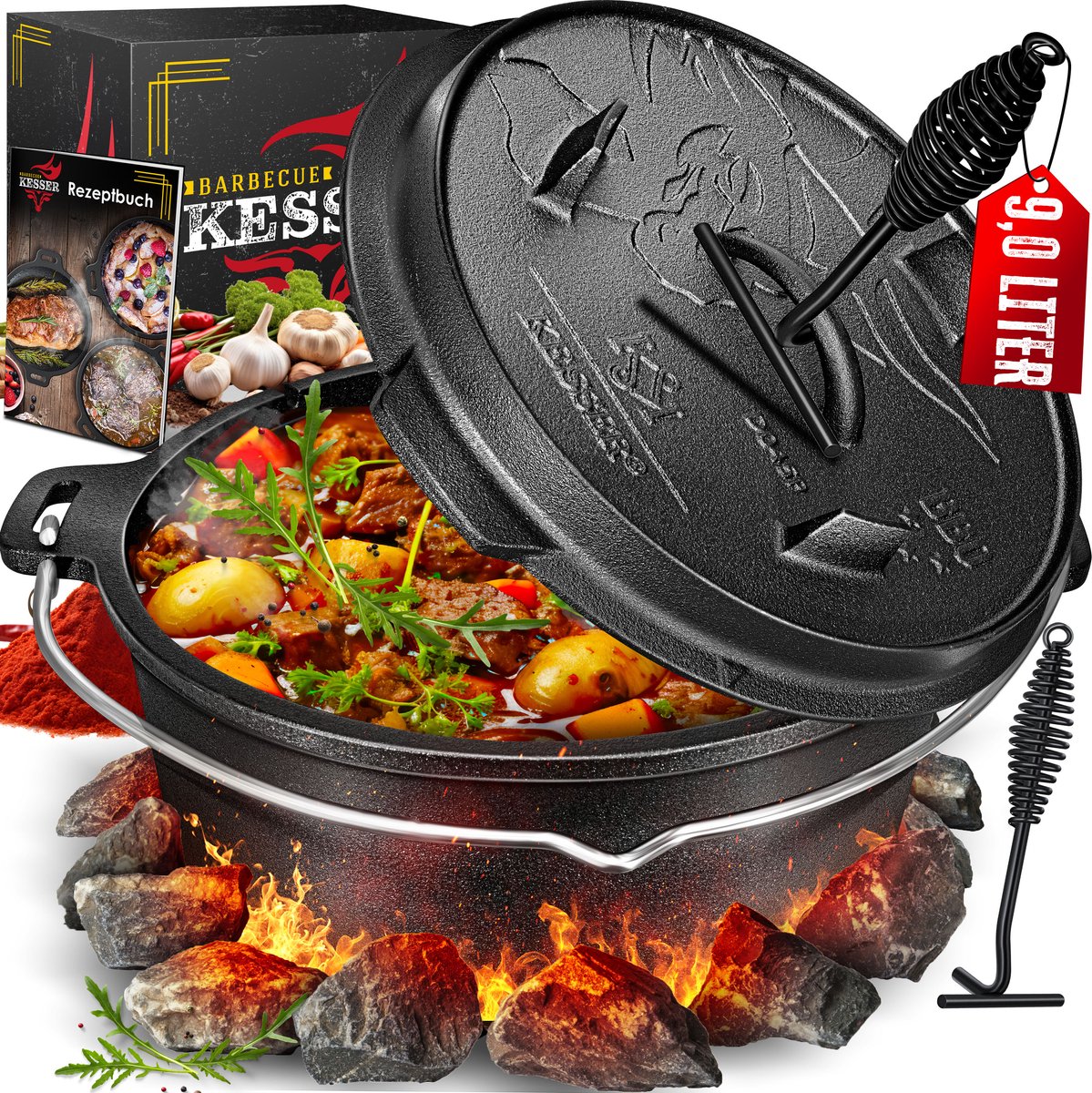 KESSER® Dutch Oven Gietijzeren Pan met Deksel voor Buiten & Binnen BBQ Multifunctionele Kookset - Barbecuepan Braadpan voor 2-5 personen met voet - 9 Liter, Zwart