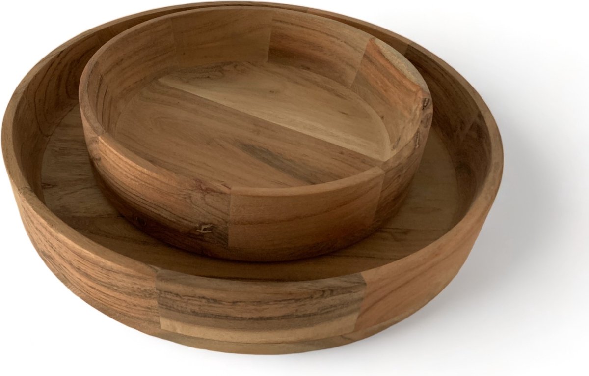 WinQ - Schalen Hout Acacia Naturel S/2 - presenteerschalen hout-Kom hout- D: 35cm en D:25cm-Decoratieve schaal voor de keuken