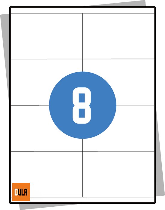 Wit vel met 8 vakken, met blauwe cirkel met getal 8, DULA logo.