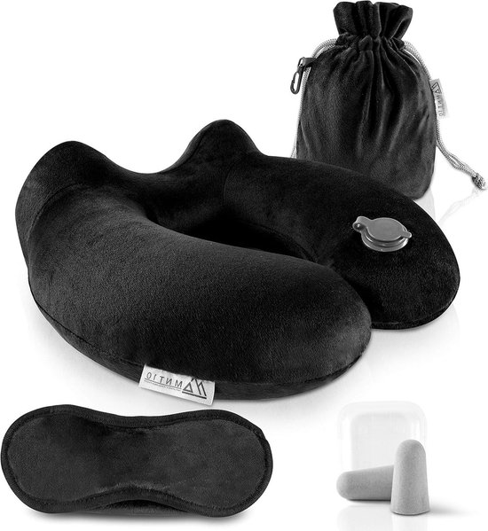 Opblaasbaar nekkussen, reiskussen, vliegtuig, reiskussen, opblaasbaar met oordopjes, zacht fluweel, ergonomisch, licht nekkussen voor reizen, vliegtuig, auto, kantoor(Zwart