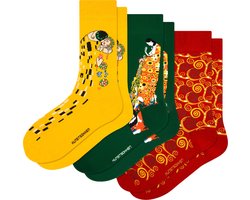 Kunst sokken - Gustav Klimt 3-pack - Sokken Dames 36 40 - Biologisch Katoenen Sokken - funny socks happy - Vrolijke Sokken - Grappige Sokken - Sokken Cadeau