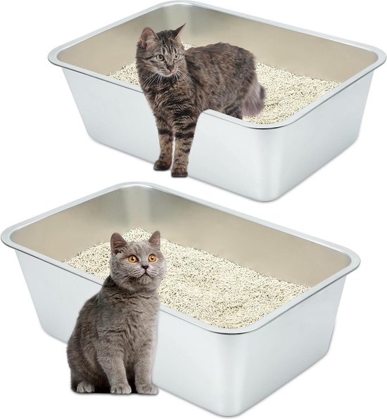 PawHut Roestvrijstalen Open Kattenbak Met Schep En Hoge Rand Voor Grote Katten Tot 12 Kg 698 X 503 X 298 Cm Grijs