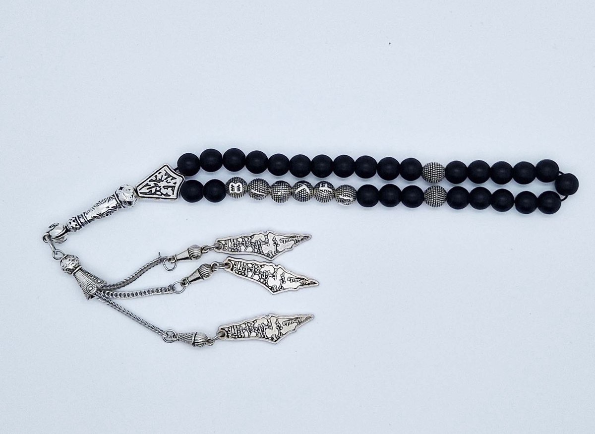 Handgemaakte naam tasbih 33 Kralen Natuursteen “ Mat zwart onyx” - met metaal tassel “Palestina"- Met je naam of de naam van uw geliefde- 8 mm diameter van de korrel