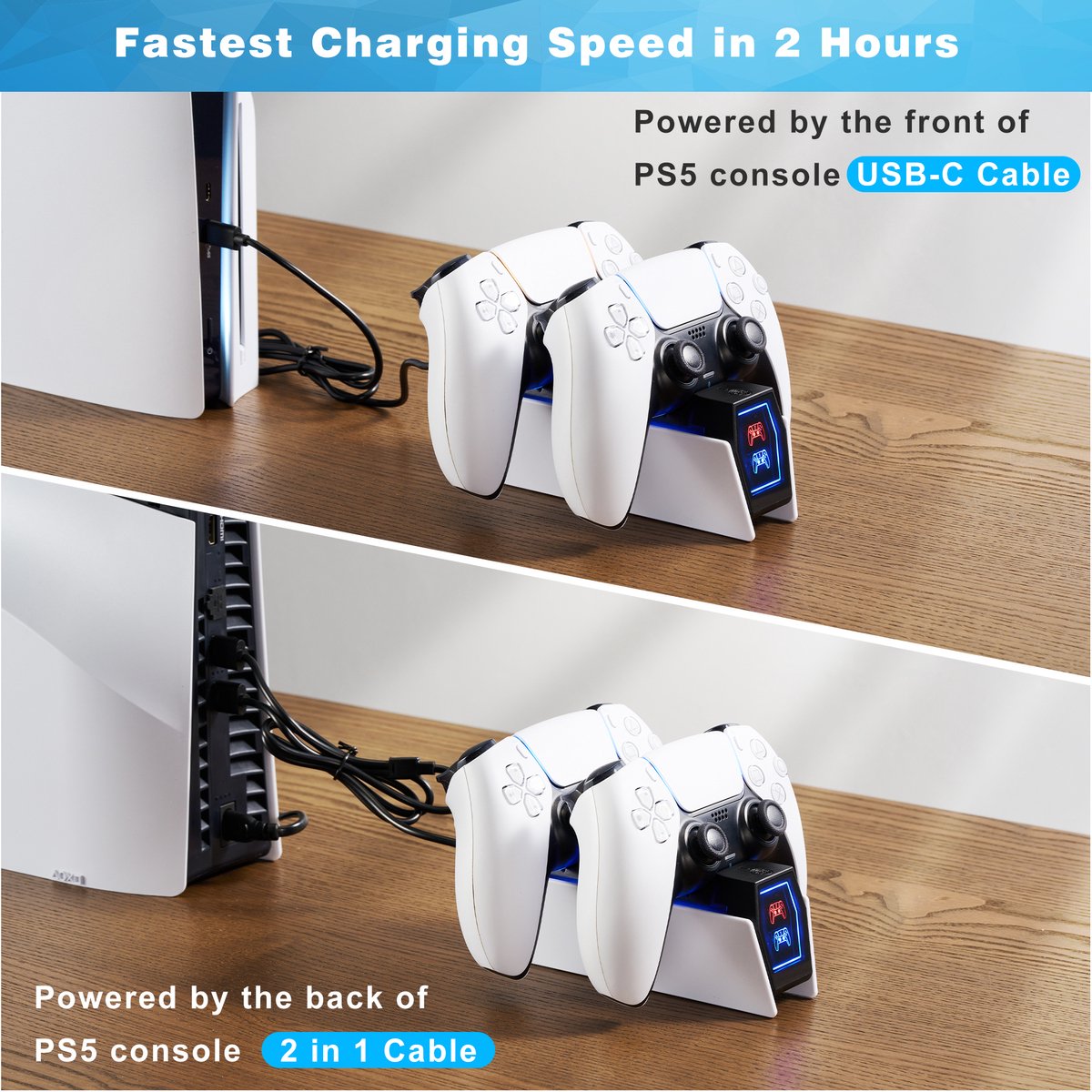 YONO Controller Oplaadstation geschikt voor PlayStation 5 - PS5 DualSense Controllers - Dual Oplader - Charging Dock - Wit - Liggend – foto 4