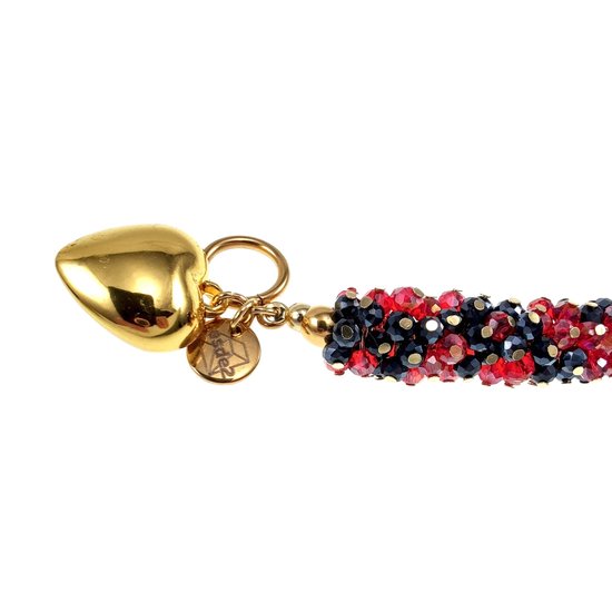 Armband met gouden hartbedel, rode en zwarte kristallen en een rond bedeltje met esde2 logo.