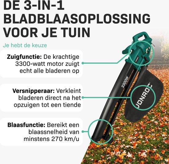 VONROC 3-in-1 bladblazer – 3300W – Blazen, Zuigen & Versnipperen – 270km/h – Incl. 40L opvangzak