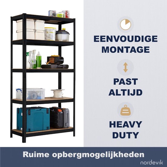 Zwarte stellingkast met vijf houten planken, met tekst 'RUIME OPBERGMOGELIJKHEDEN'.