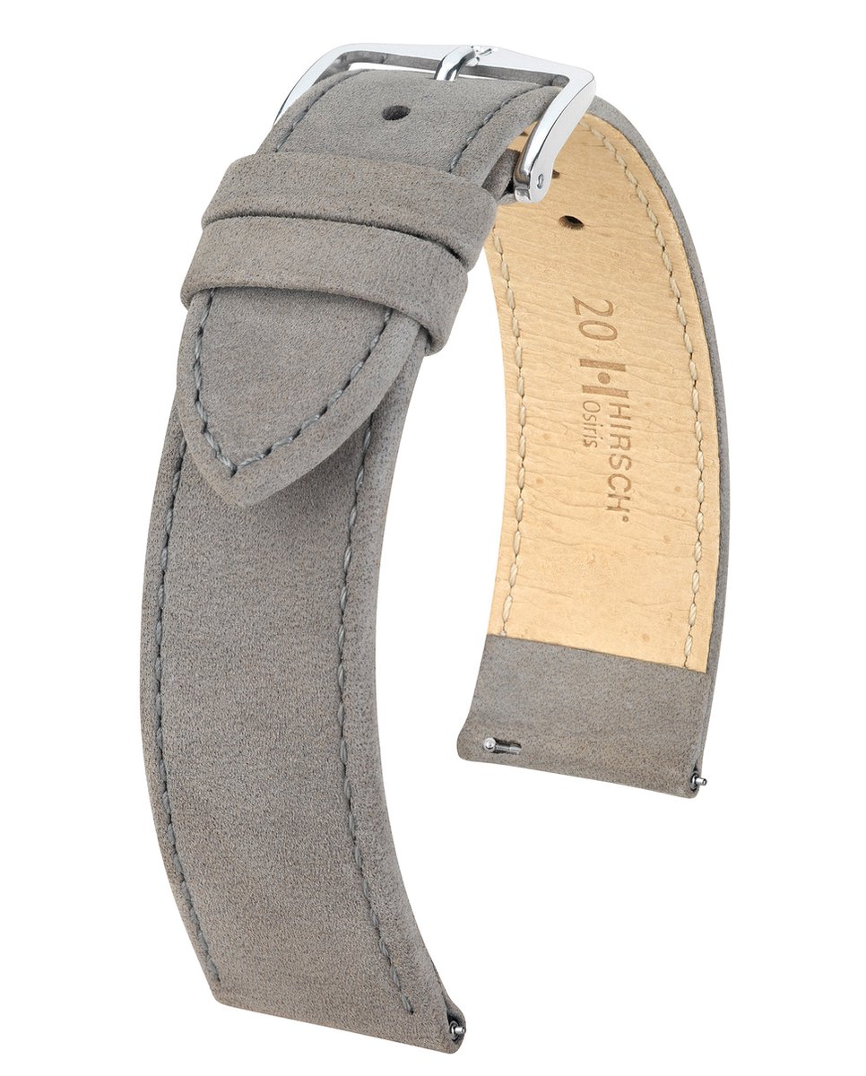 HIRSCH Osiris Nubuk Horlogebandje - Kalfsleer met nubucked oppervlak, 18 mm Breedte bevestiging, grijs - glanzend zilver Sluit, past op Garmin, Huawei Watch